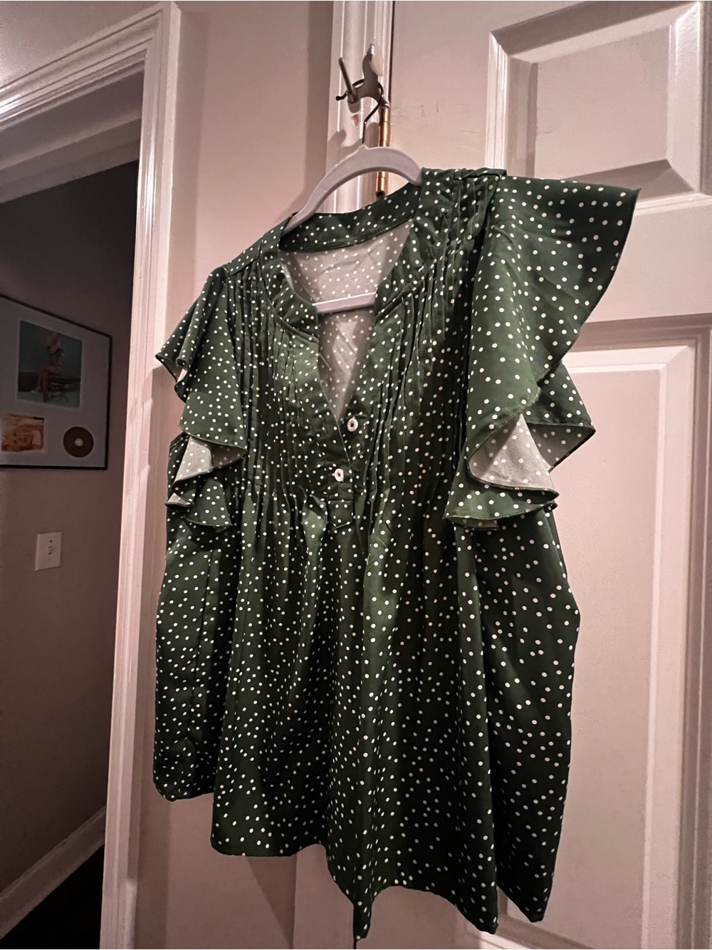 SHEIN Green Polka Dot Blouse with Ruffle Detail